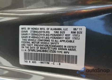 2011 Honda Odyssey Exl from USA, damaged, VIN 5FNRL5H63BB092536